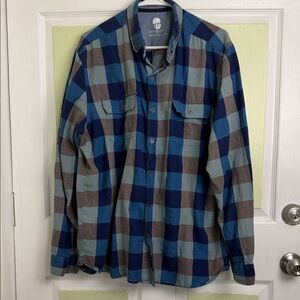 (1875) Men's Blue and Gray Plaid Casual Button Down Shirt, Size: XL